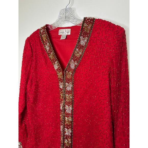 Vintage Laurence Kazer Silk beaded red formal cardigan Jacket Coat hoilday large - Picture 7 of 12